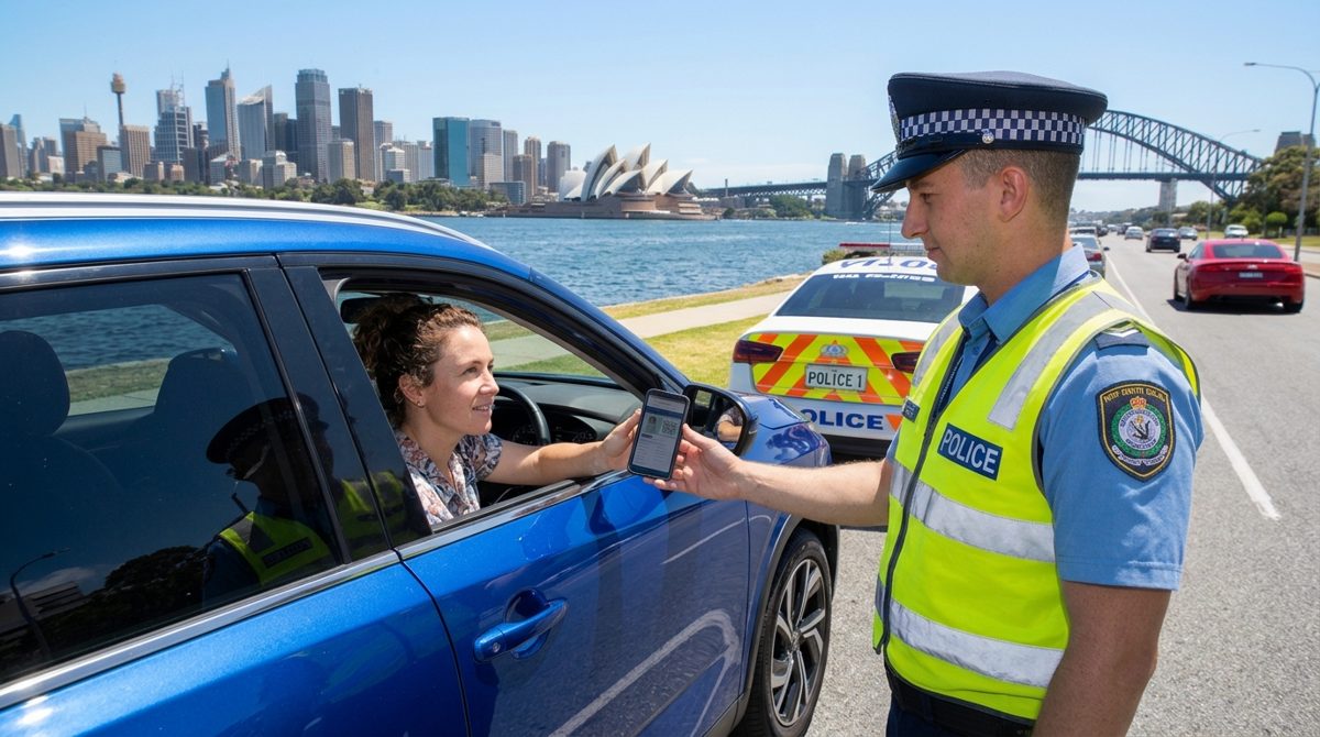 A driver in Sydney showing a phone to a police officer through a car window