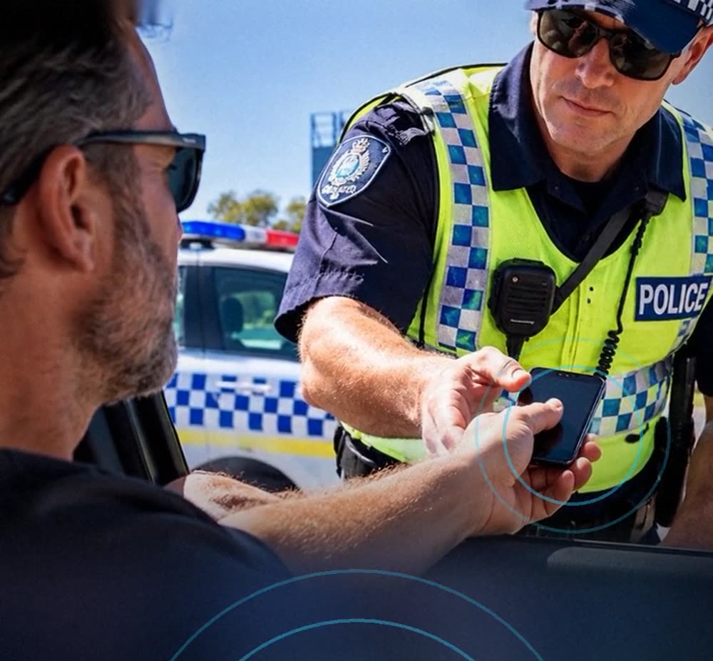 A driver handing a phone to a police officer at the roadside