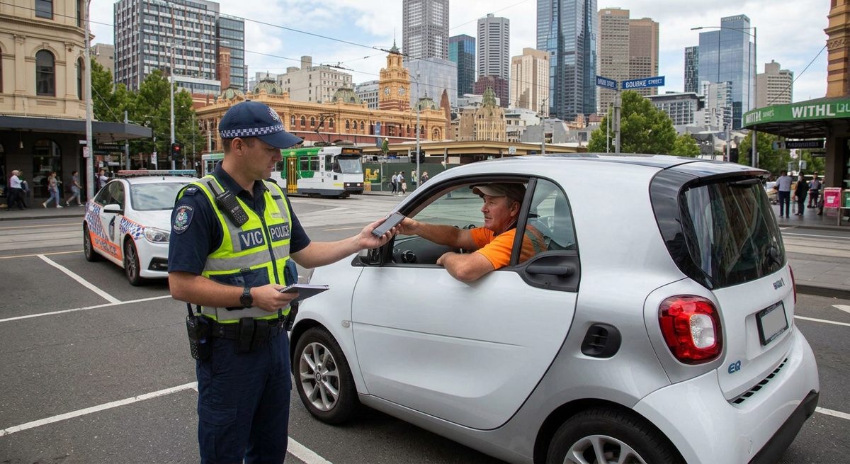 A driver in central Melbourne handing a phone to a police officer through a car window