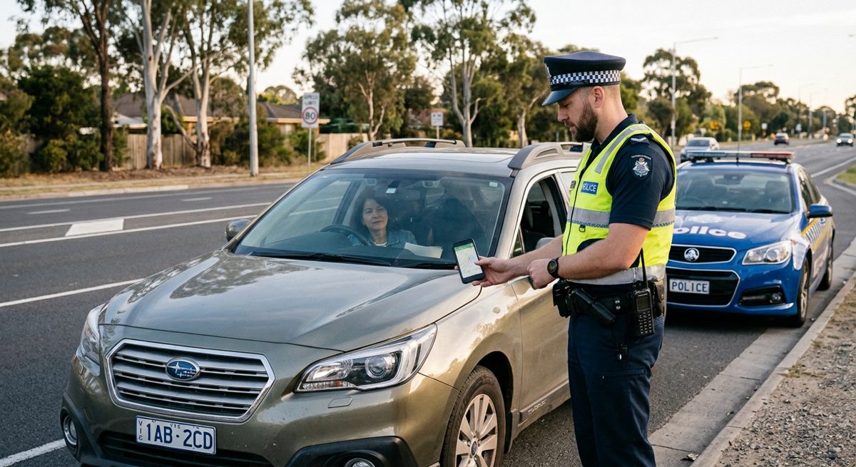 A police officer checking a phone held at a car window on a Victorian road