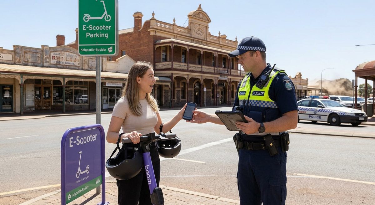 A woman in Kalgoorlie-Boulder showing her phone to a police officer in a historic main street